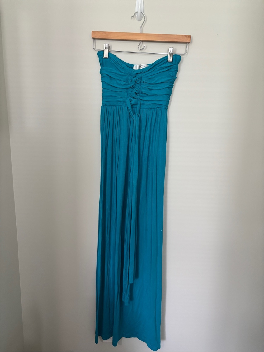 Mahina Size S Strapless Teal Maxi Dress with Ruched Bodice - PTP 16” Length 49”
